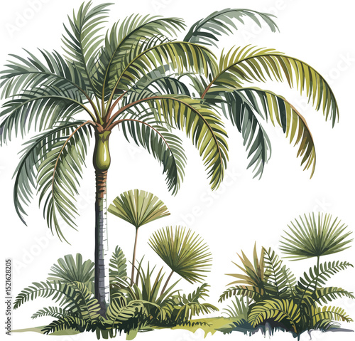 Tropical palm tree with lush green foliage, jungle plants, exotic rainforest vegetation, nature background, botanical illustration, summer island landscape, greenery.