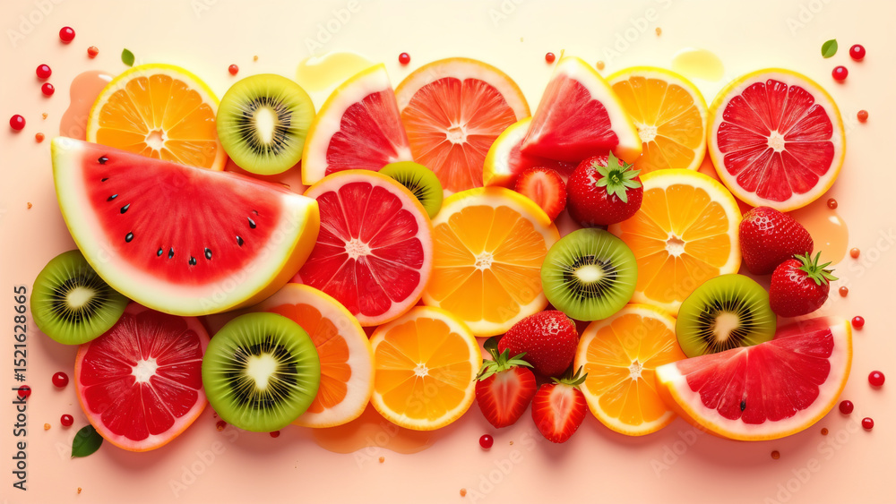 Naklejka premium Assorted slices of watermelon oranges grapefruits kiwis and strawberries laid out together
