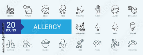 Allergy icon collection set with cosmetic, perfume, cough, sneeze, nasal spray, allergy, drug allergy, food allergy
