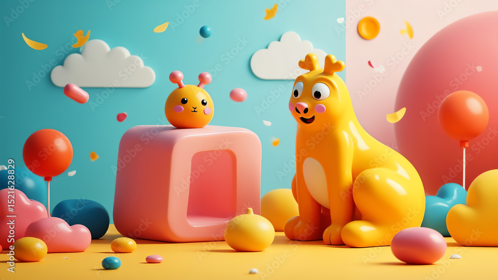 Whimsical playroom scene with cartoon toys and colorful shapes against a pastel background Whimsical playroom scene with cartoon toys and colorful shapes against a pastel background