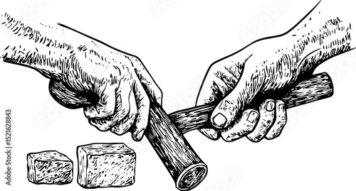 sculptor hands with hammer and chisel doing stone work sketch engraving vector illustration. T-shirt apparel print design. Scratch board imitation. Black and white hand drawn image.