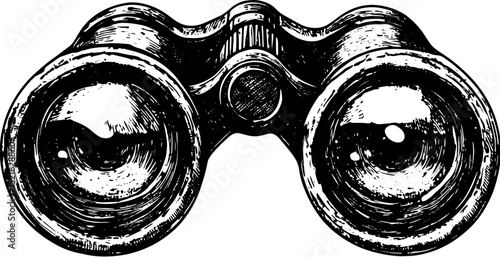 binoculars with eyes sketch engraving vector illustration. T-shirt apparel print design. Scratch board imitation. Black and white hand drawn image.