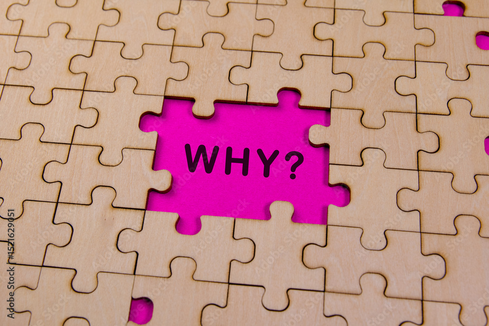 Empty puzzle piece with the word why printed inside Empty puzzle piece with the word why printed inside
