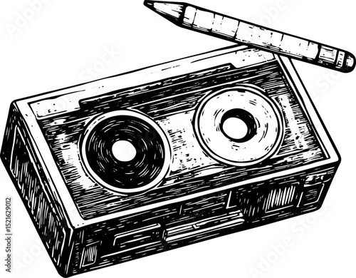 Pencil rewinds Compact Cassette tape sketch engraving vector illustration. T-shirt apparel print design. Scratch board imitation. Black and white hand drawn image.