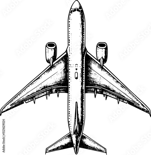 passenger plane top view sketch engraving vector illustration. T-shirt apparel print design. Scratch board imitation. Black and white hand drawn image.
