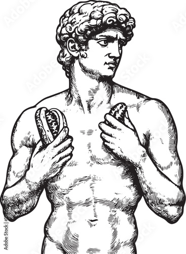 statue of david with hot dog sketch engraving vector illustration. T-shirt apparel print design. Scratch board imitation. Black and white hand drawn image.