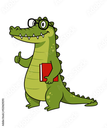 A cartoon crocodile wearing glasses, giving a thumbs up, and holding a book