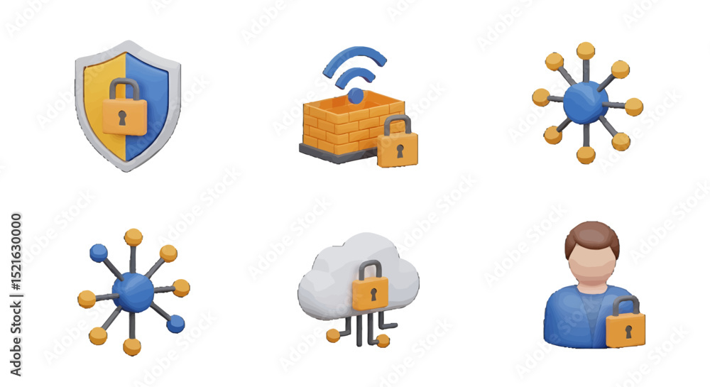 Fototapeta premium Colorful 3D vector icons sets Illustrating Cybersecurity Concepts