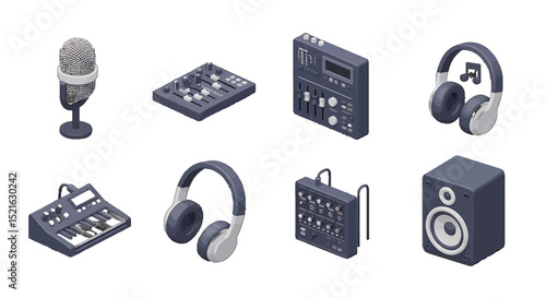 Colorful Collection of Audio Equipment in 3D Isometric View