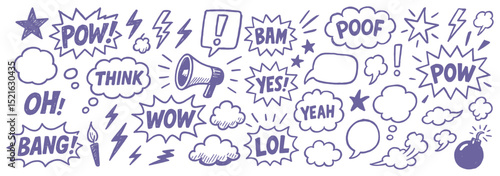 Hand drawn comic elements showcasing dynamic expressions and conveying various sounds and emotions
