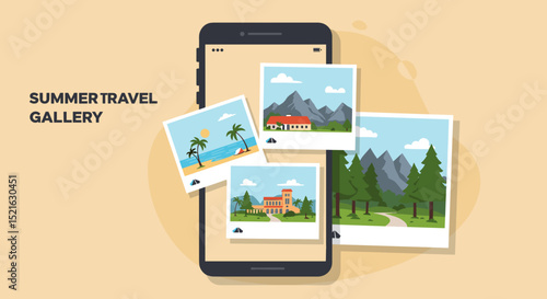 Digital summer travel gallery with scenic landscape photos on phone,  for travel agencies, advertising banners, travel bloggers