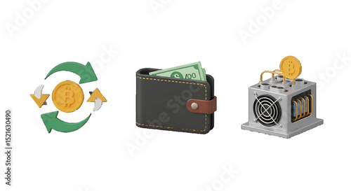 Cryptocurrency Concepts Bitcoin Wallet and Mining Machine in 3D Renderings