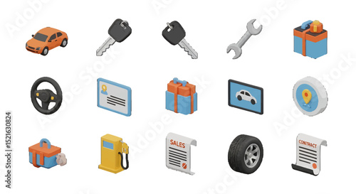 3D Isometric Car Sales vector icons sets Keys Wrench Contract and More