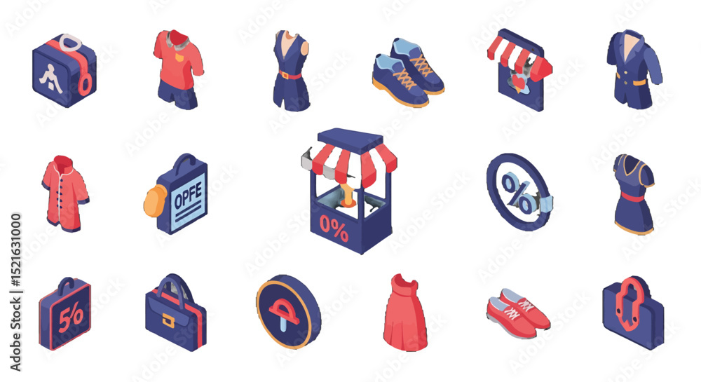 Fototapeta premium 3D Isometric Collection of Clothing Shoes and Retail vector icons sets