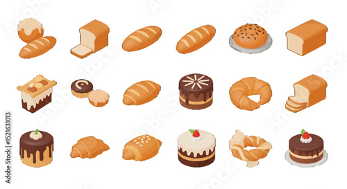 3D Isometric Collection of Delicious Baked Goods and Pastries