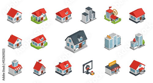 3D Isometric Collection of Diverse House and Building vector icons sets