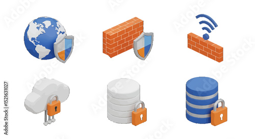 3D Isometric Cybersecurity vector icons sets Global Protection Firewall and Data Security