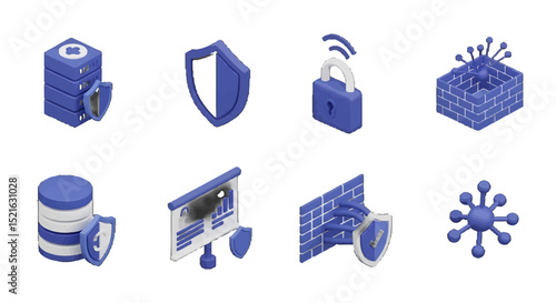 3D Isometric Cybersecurity vector icons sets Data Protection and Network Security