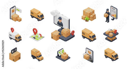 3D Isometric Delivery Service vector icons sets Trucks Packages and Tracking