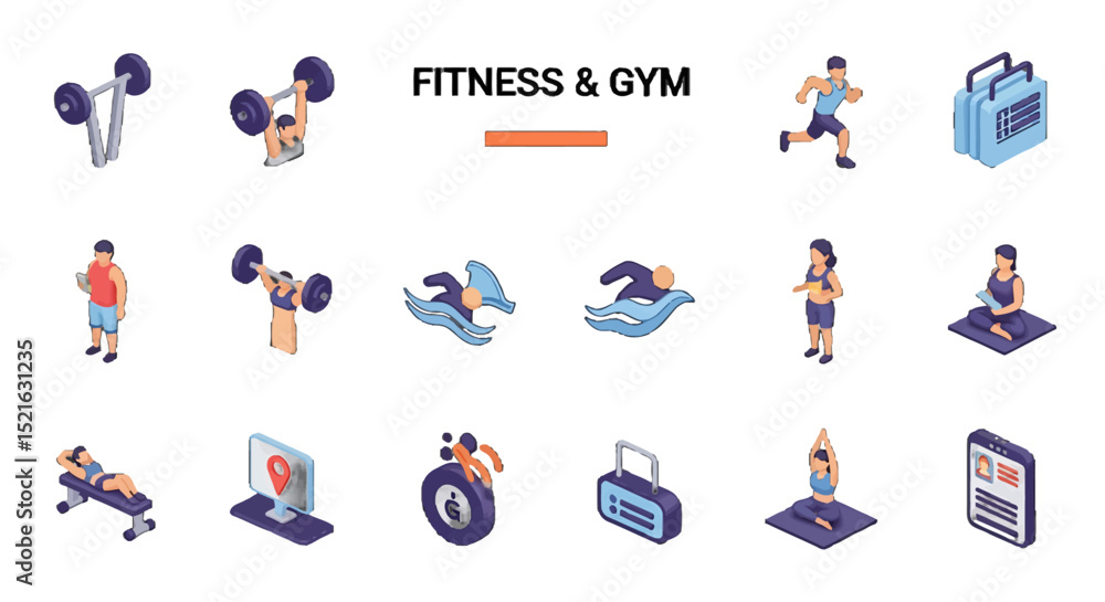 Fototapeta premium 3D Isometric Fitness and Gym vector icons sets Diverse Workout Activities