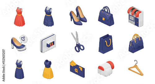 3D Isometric Fashion Retail vector icons sets Dresses Shoes Bags and Store