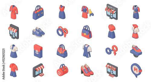 3D Isometric Fashion vector icons sets Apparel Accessories and Online Shopping Elements