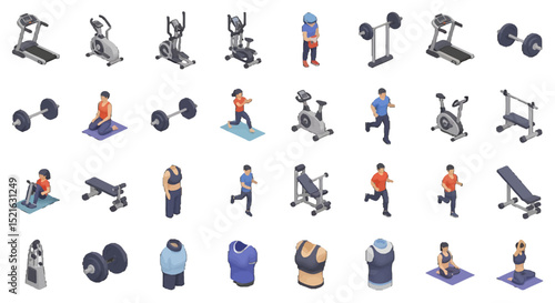 3D Isometric Fitness Equipment and Active People Illustrations
