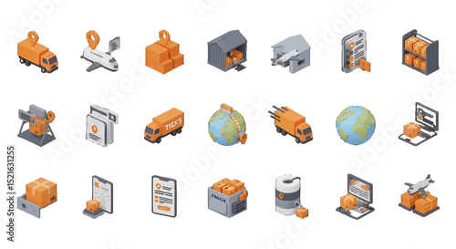 3D Isometric Global Logistics vector icons sets Trucks Airplanes Packages and Digital Tracking