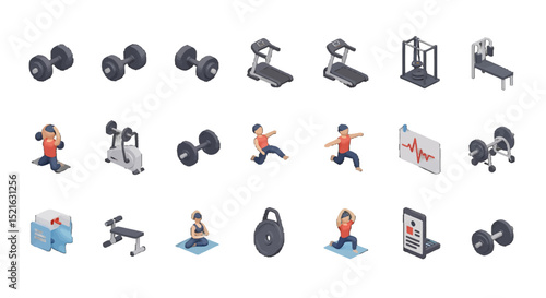 3D Isometric Gym Equipment and Exercising People vector icons sets Set for Fitness and Wellness