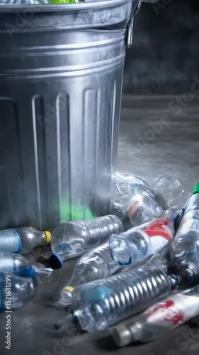 Overflowing metallic trash can filled with discarded plastic bottles and a green glass bottle showing waste and ecological issues