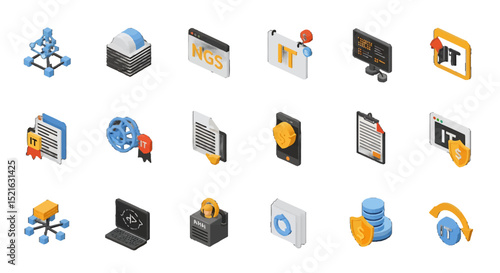 3D Isometric vector icons sets Set IT Services Network Security and Data Management