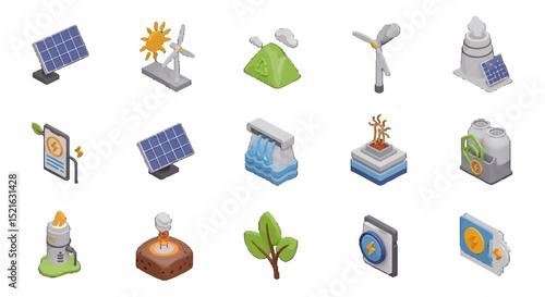 3D Isometric vector icons sets Set of Renewable and NonRenewable Energy Sources
