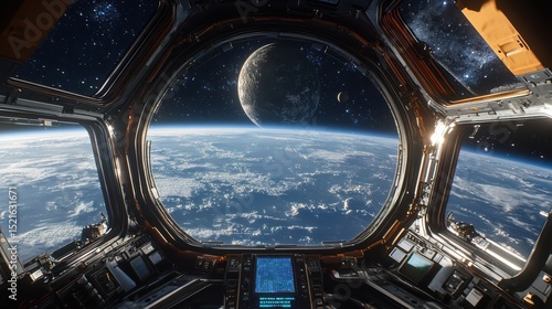 A breathtaking view of a distant planet and starry expanse fills the space stations observation deck, creating an awe-inspiring mood