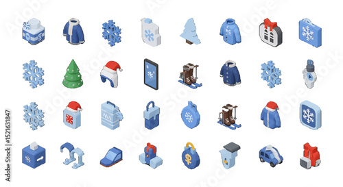 3D Isometric Winter Holiday vector icons sets Snowflakes Gifts Clothing and Festive Decorations