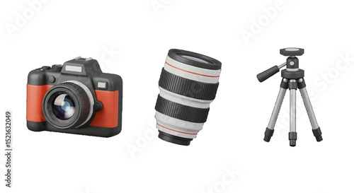 Orange DSLR Camera Telephoto Lens and Tripod Set