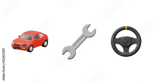 Red Toy Car Silver Wrench and Black Steering Wheel with Yellow Marker