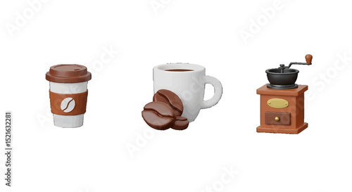 Stylized 3D Render of Coffee Cup To Go Cup and Grinder