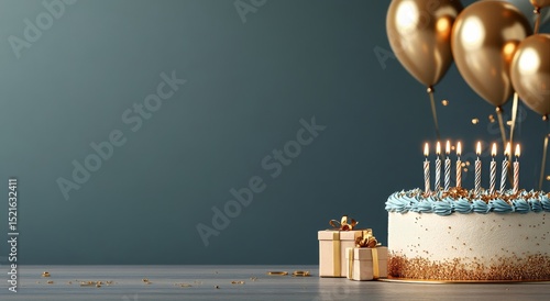 Celebration With a Blue Cake, Golden Balloons, and Sparkling Gifts at a Festi...