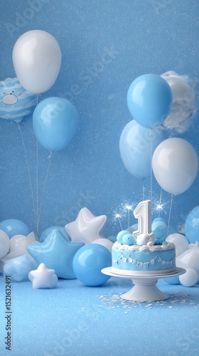 Celebration Setup With Blue Balloons and Cake in a Decorated Space for a Spec...