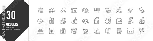 Grocery store items in editable stroke line style, grocery product icons for banner or UI design, icon illustration