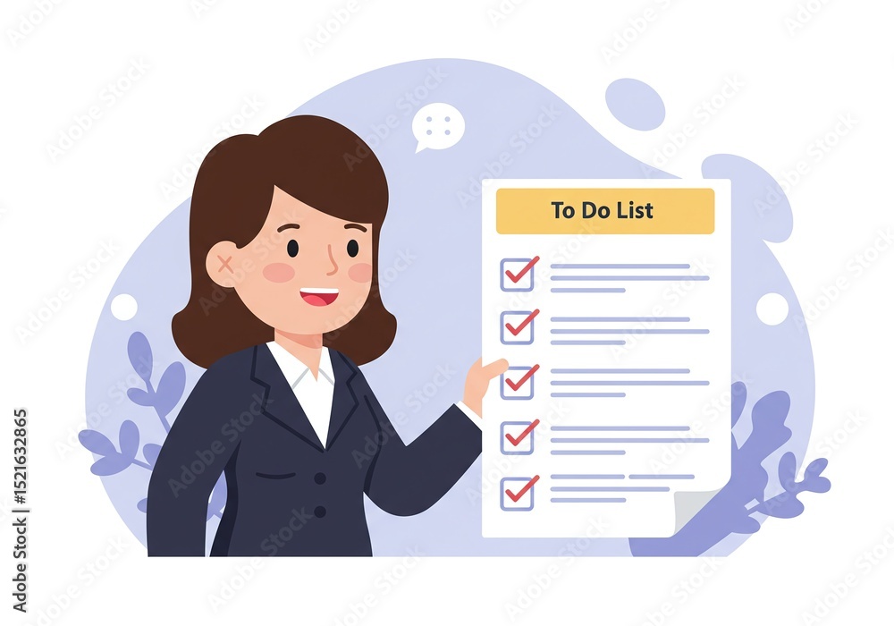 Businesswoman cartoon character checking to-do list day plan for productivity organization. Businesswoman cartoon character checking to-do list day plan for productivity organization.
