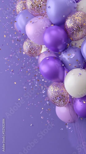 Colorful Balloons With Confetti Against a Purple Backdrop Create a Festive At...