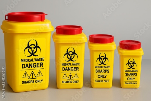 Set of bright yellow sharps containers with biohazard labels and red lids used in clinics and hospitals for safe disposal of medical needles and waste.