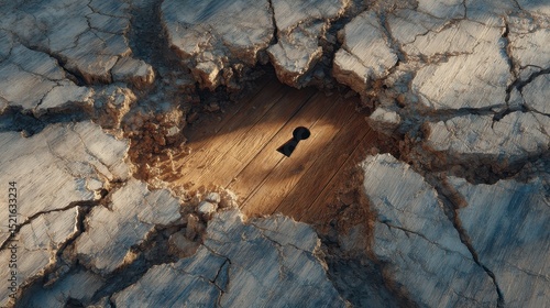 A large keyhole is revealed in cracked, dry earth, symbolizing hidden opportunities or secrets beneath the surface.