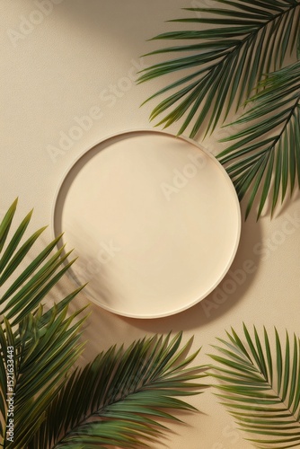 Simple Round Plate Displayed Among Green Palm Leaves on Beige Background