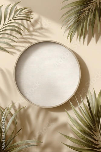 Simple Round Plate Displayed Among Green Palm Leaves on Beige Background.