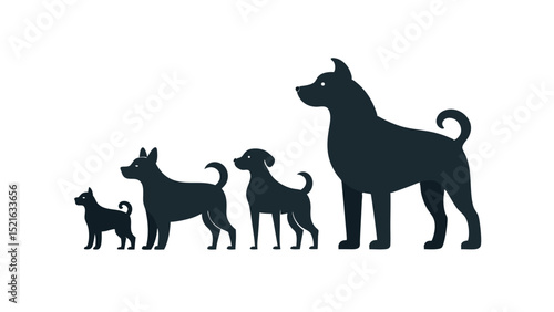 Set of dog silhouettes in a row showing size variation