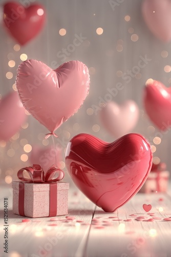 Colorful Heart-Themed Decor With a Gift Box for a Celebration in a Festive At...