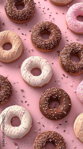 Colorful Assortment of Frosted Donuts on Pink Background Displayed at a Bakery