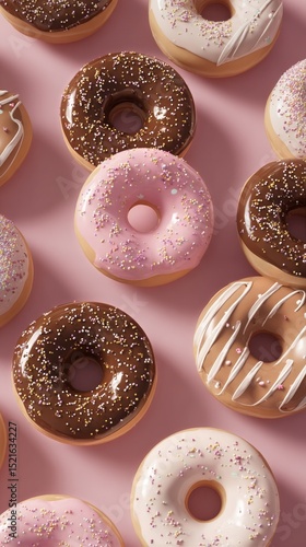 Colorful Assortment of Donuts With Sprinkles on Pink Background